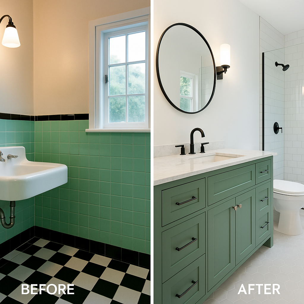 Side-by-side view of a vintage bathroom with green tiles and a modern renovated version featuring a sleek green vanity and updated finishes.