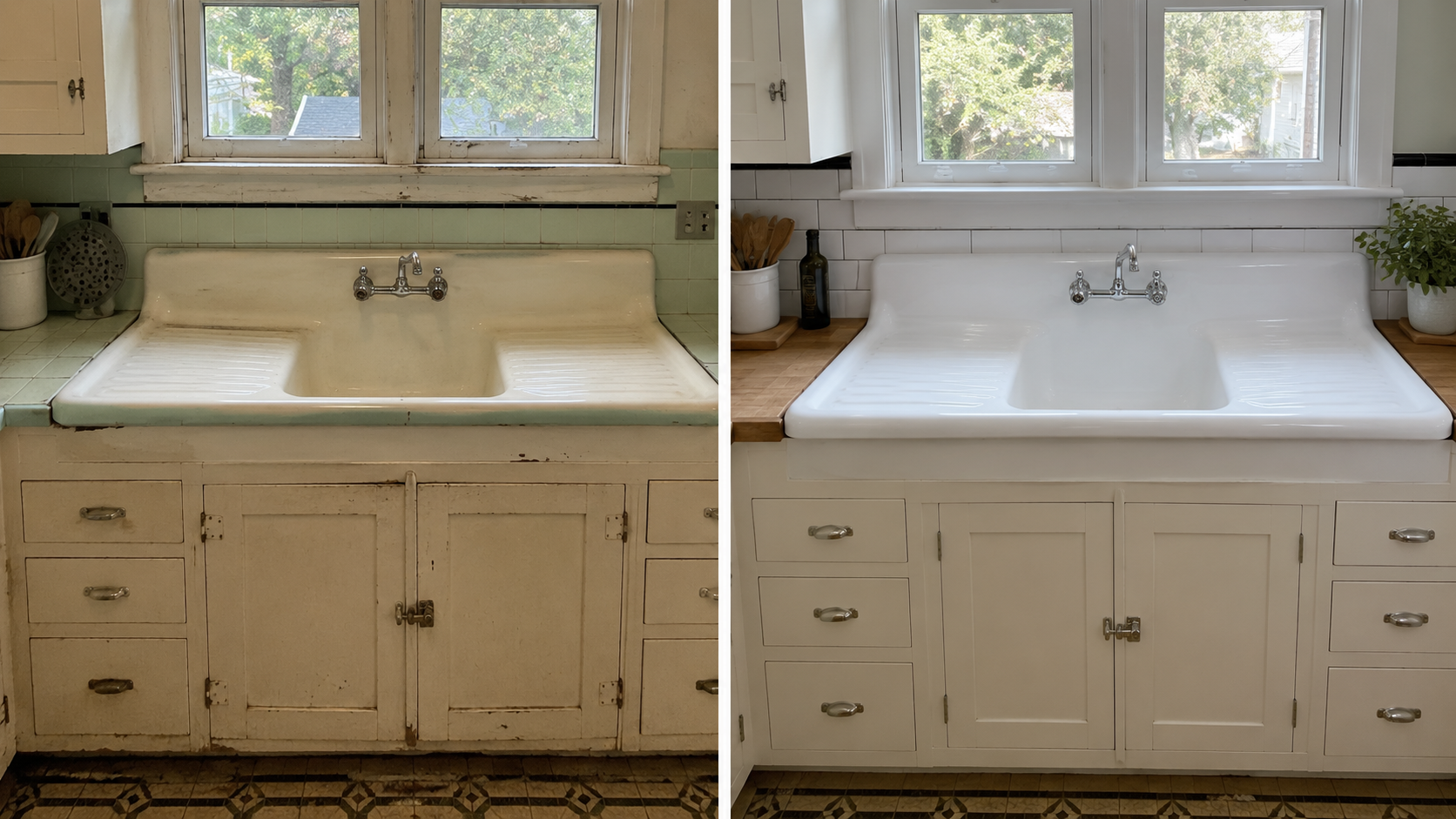 Restored 1930s enamel drainboard sink with painted cabinets, cup pulls, tile backsplash, and wood counters.