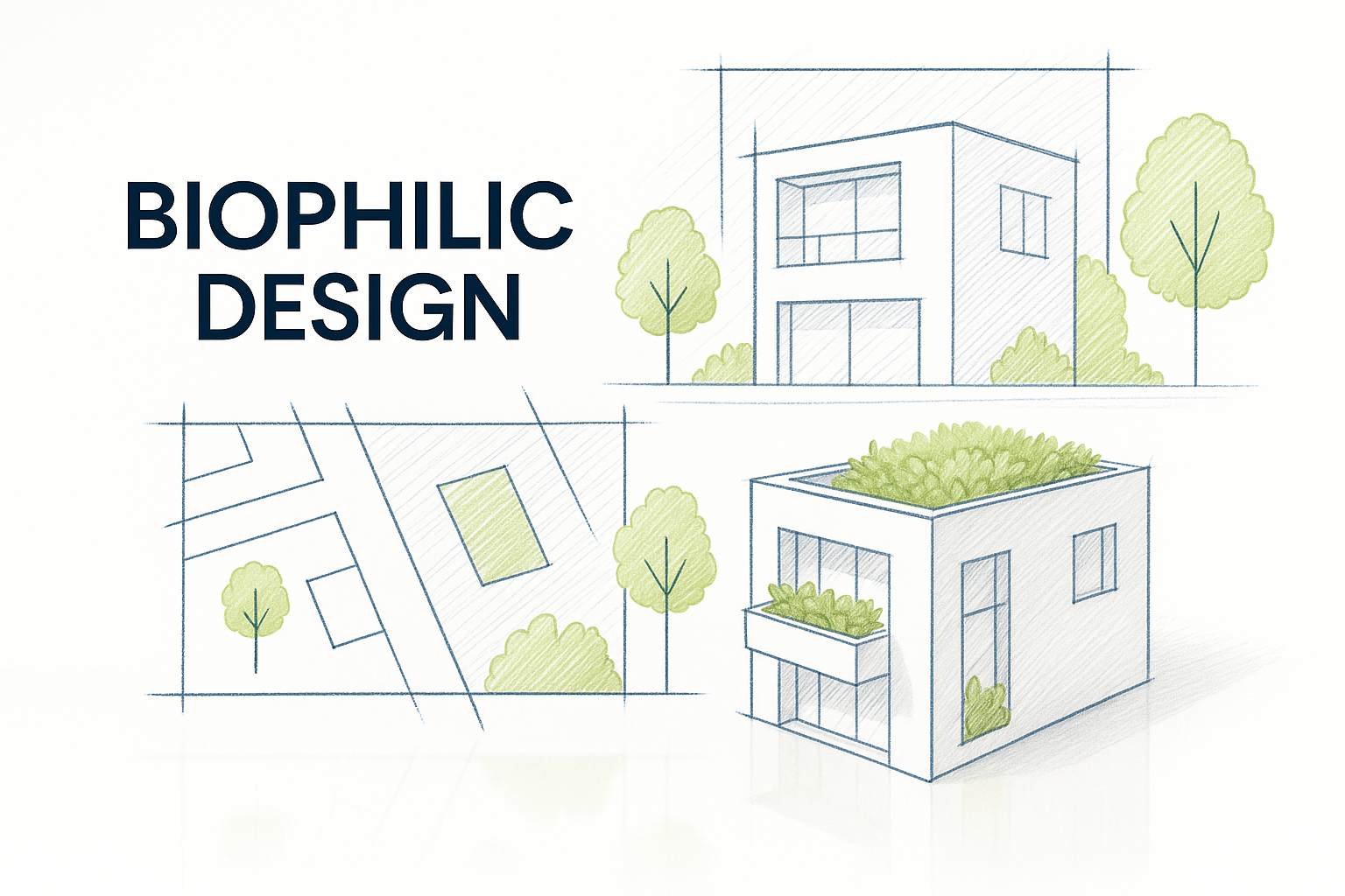 Architectural sketches and 3D building model with greenery accents representing biophilic design.
