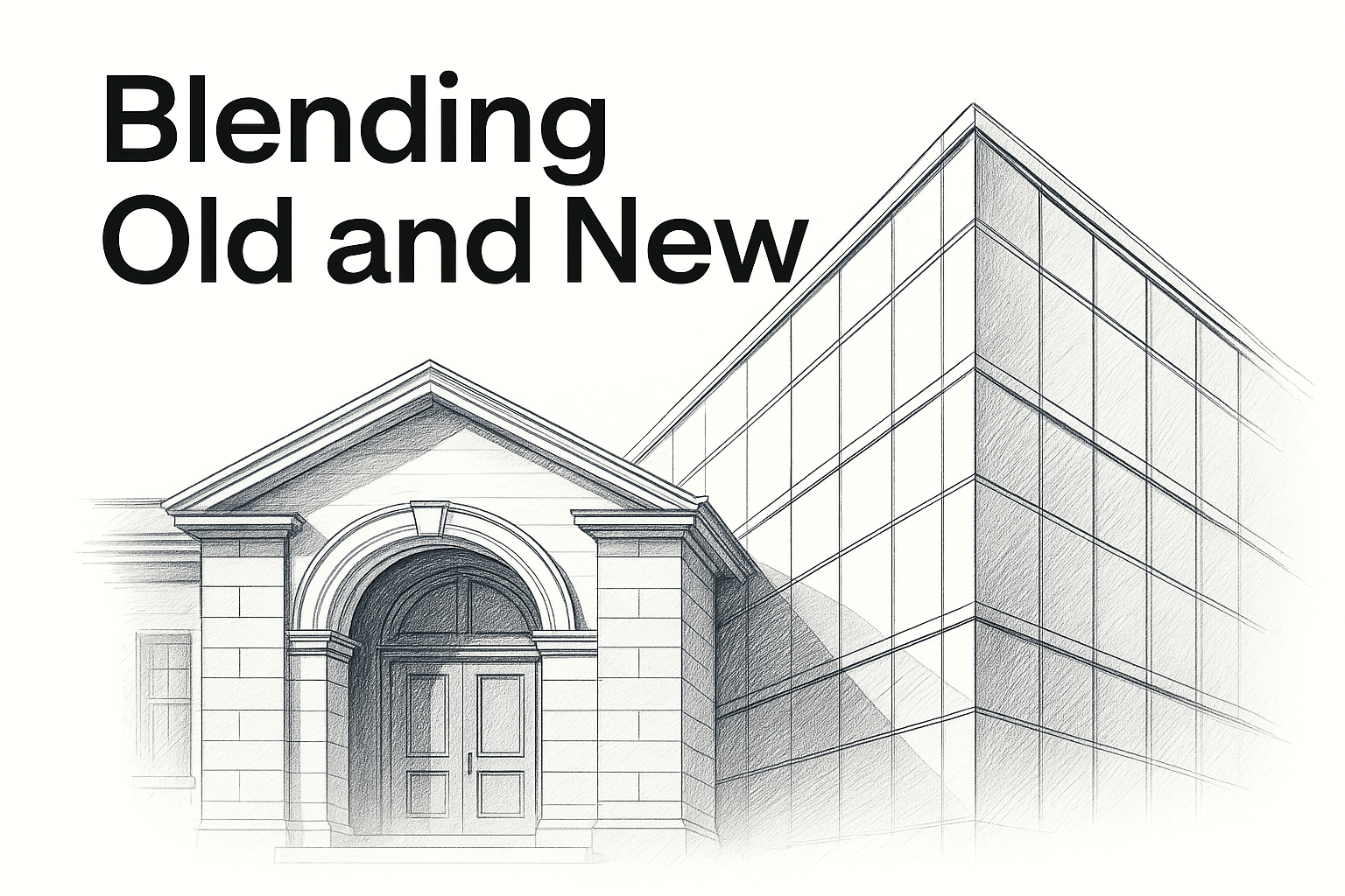 Showing classical and modern buildings blended together.