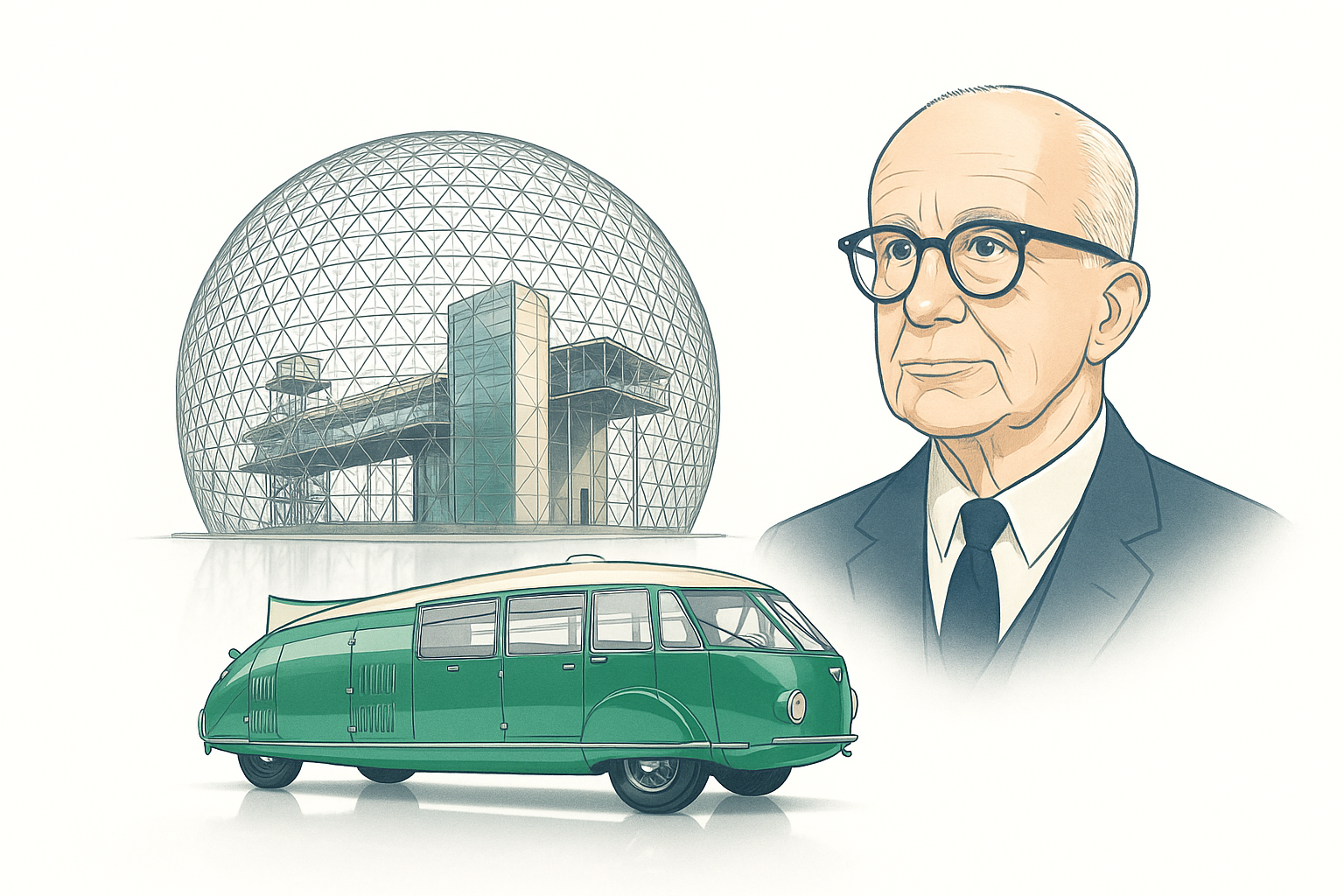 Showing Buckminster Fuller with geodesic dome and Dymaxion car.