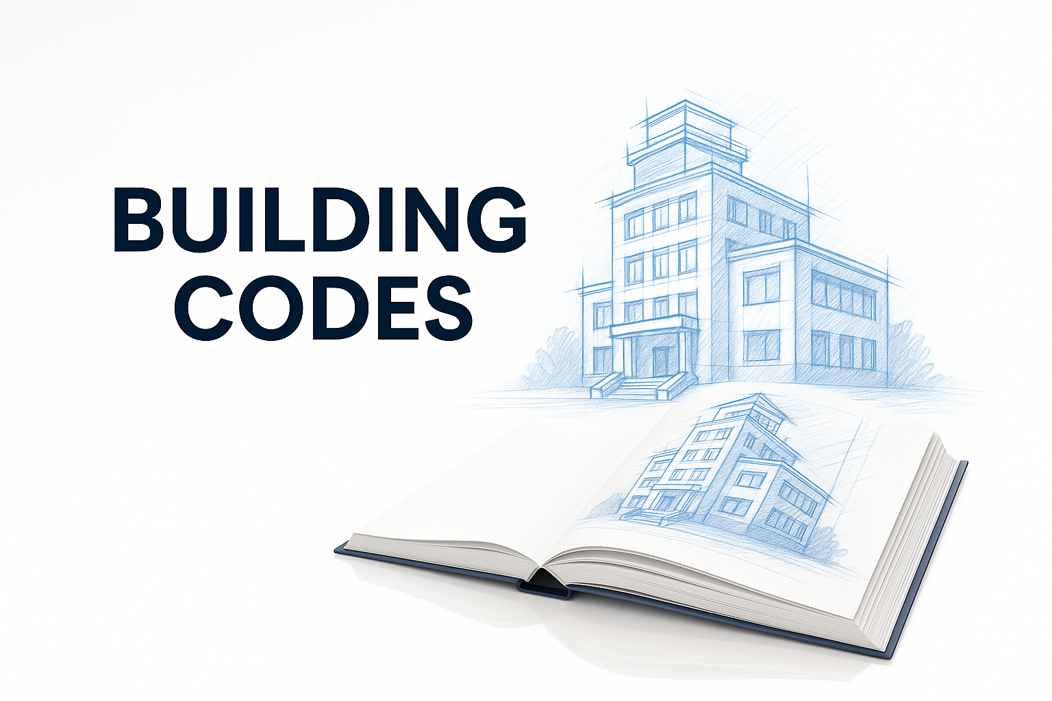 Open book with blueprint sketches of a building representing building codes.
