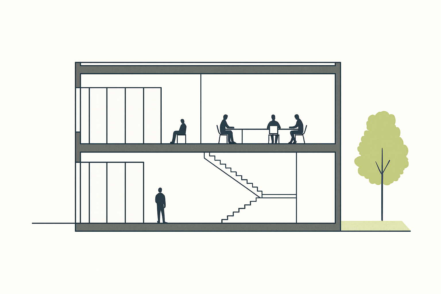Architectural sectional cut of a two-story building with interior spaces and figures.