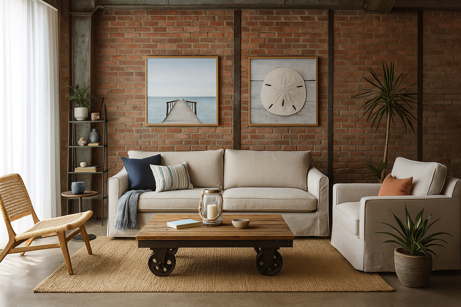 Coastal industrial living room with beige sofas, rustic coffee table, wicker chair, and brick wall artwork.