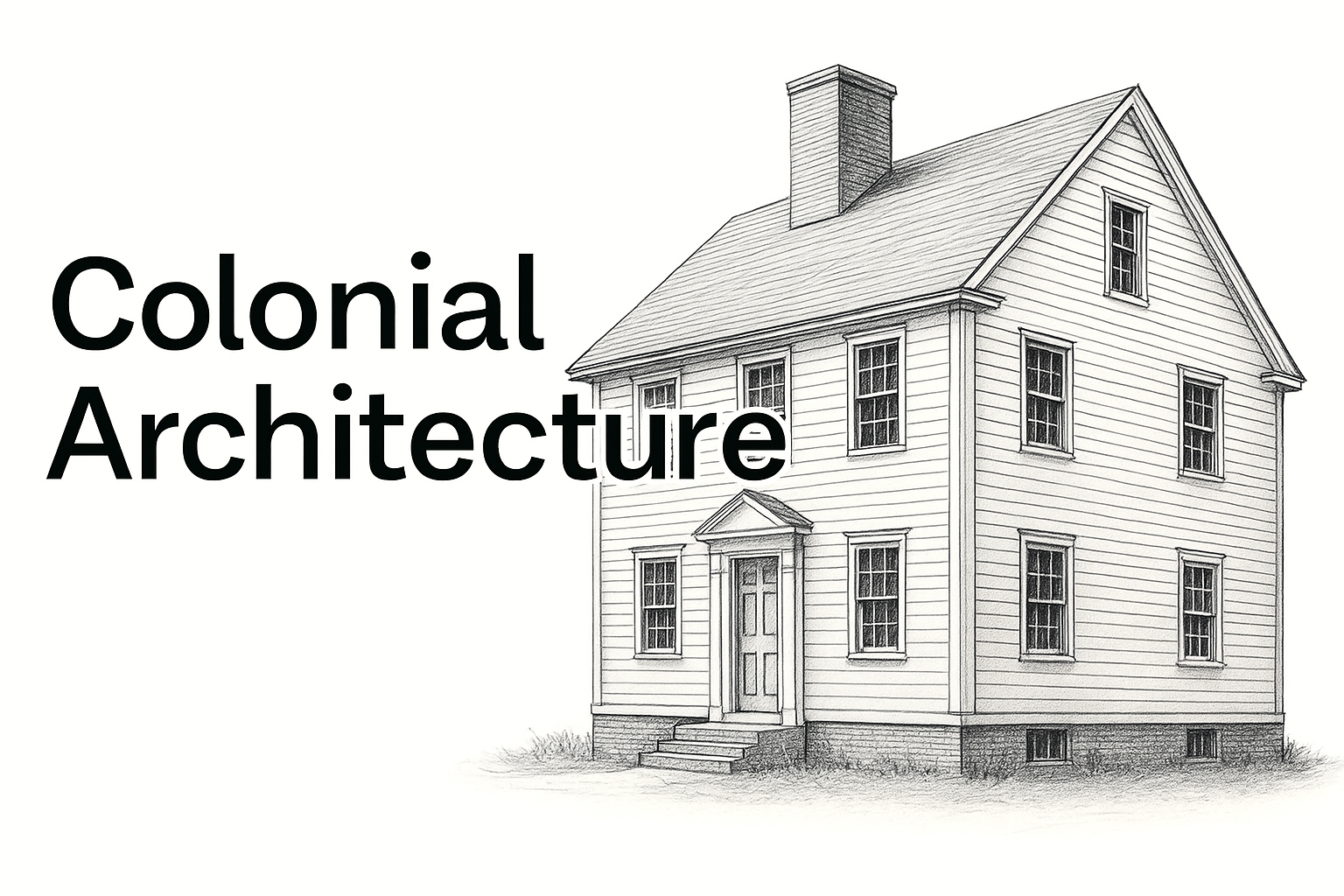 Colonial-style house sketch with chimney and symmetric windows.