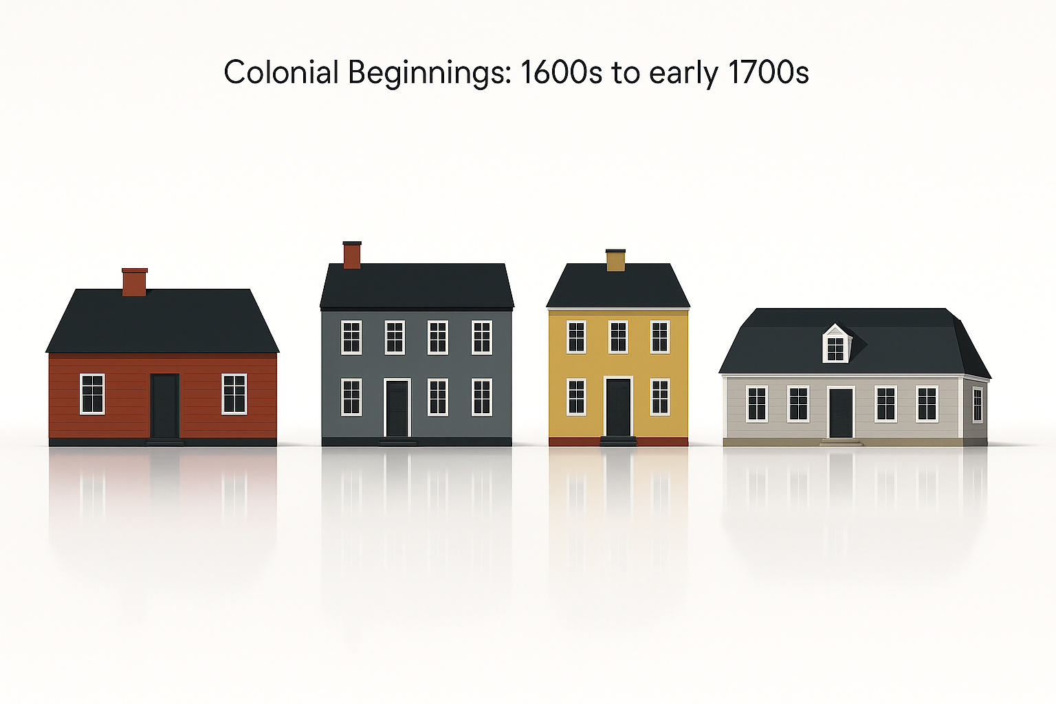 Four Colonial-style houses from 1600s to early 1700s.
