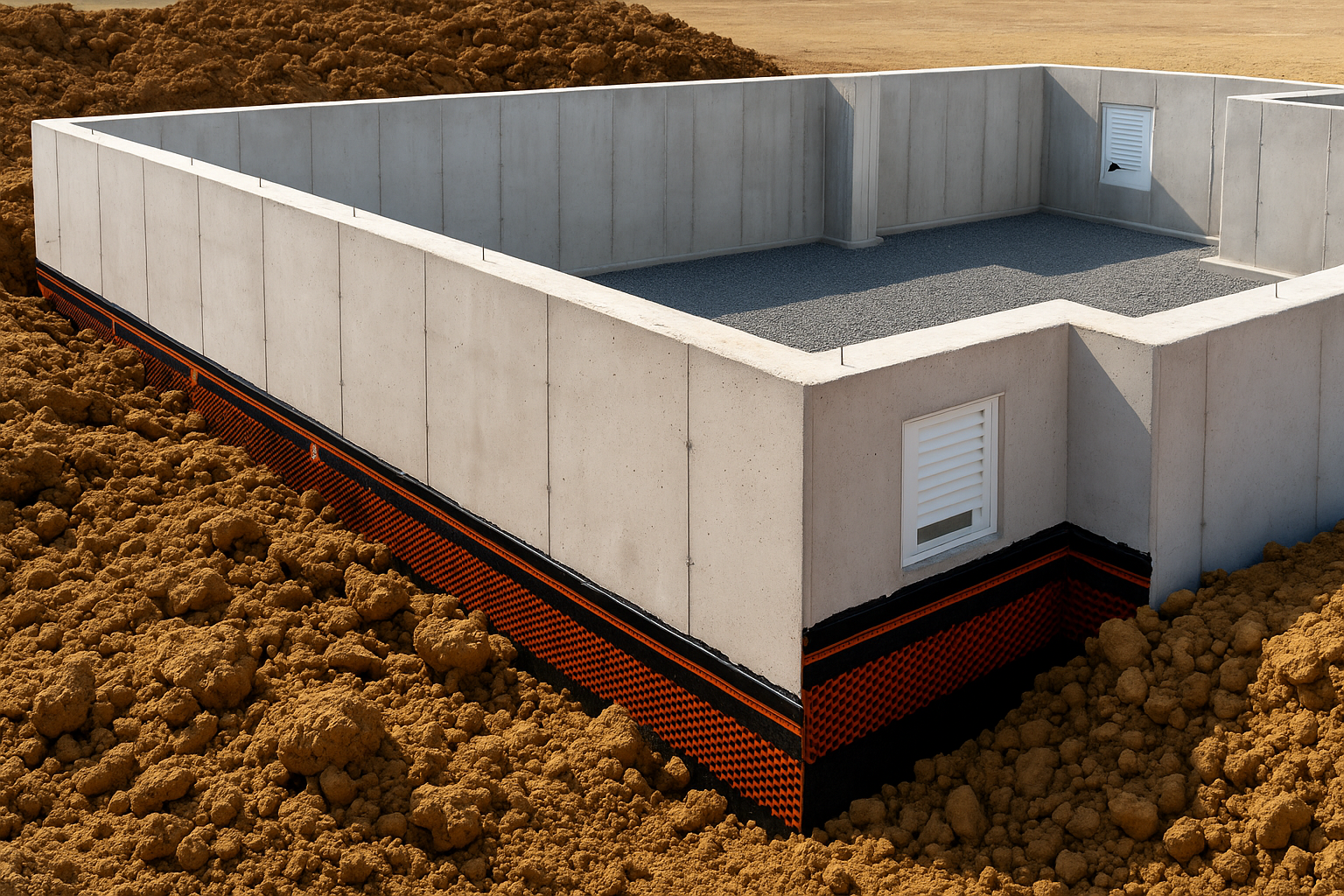 Close-up of a newly constructed concrete foundation with waterproofing layer and surrounding soil.