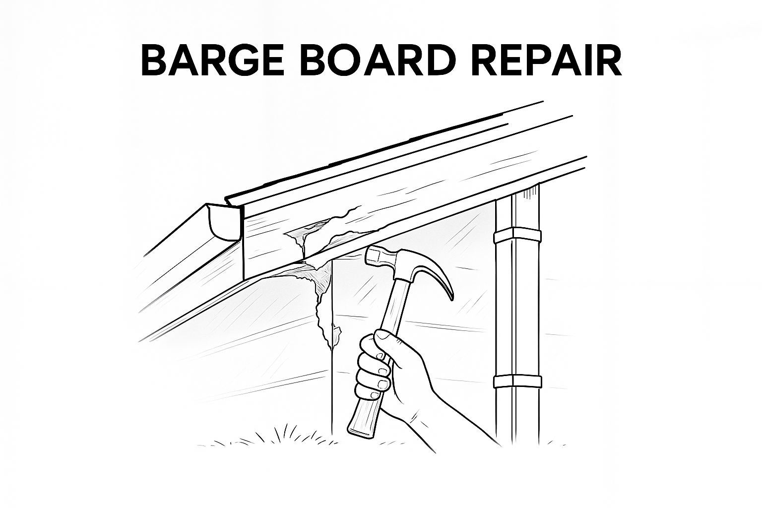 Professional line drawing showing barge board repair with hammer.