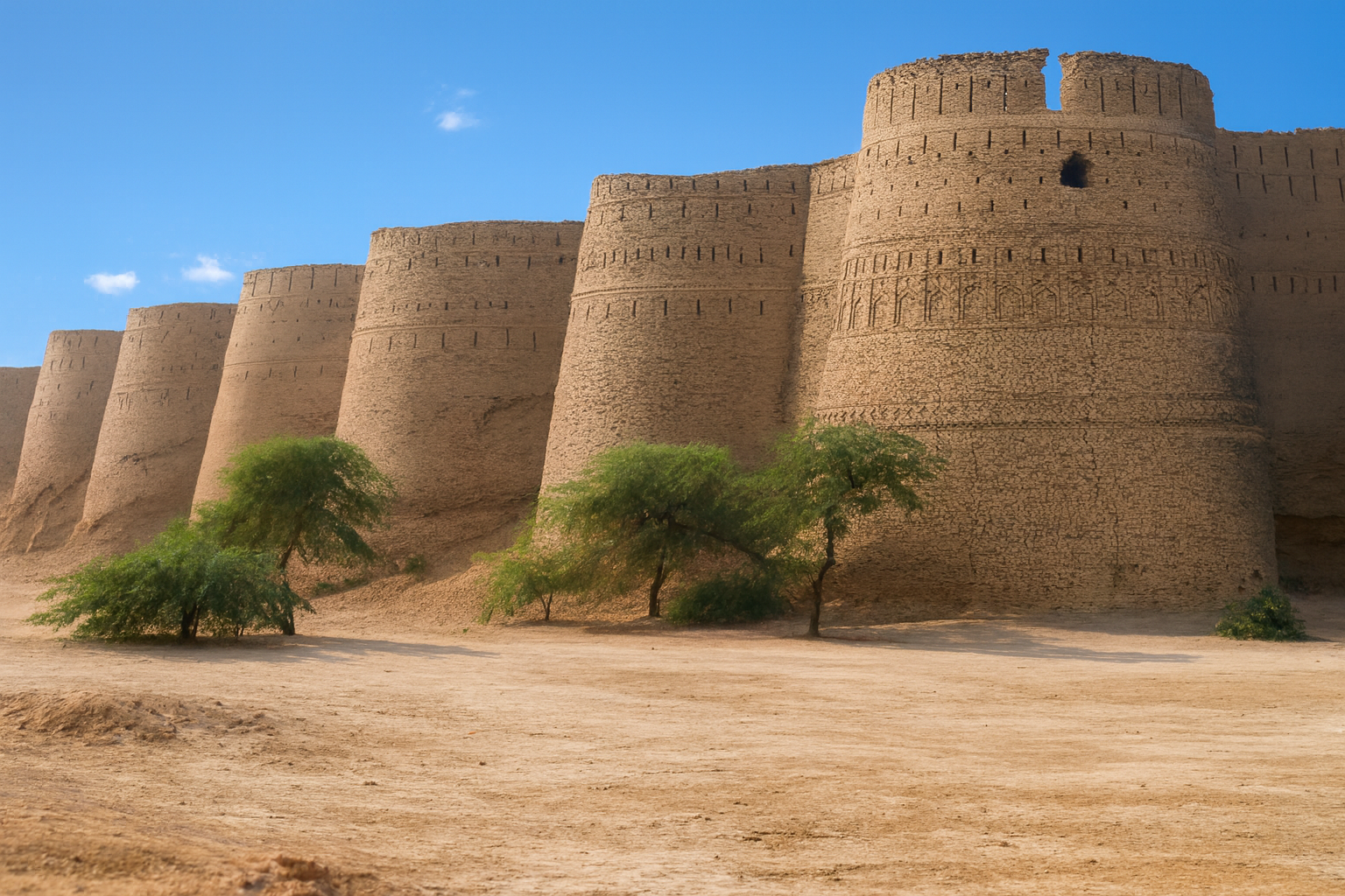 Derawar Fort in the Cholistan Desert, Pakistan, built from clay bricks with towering bastions.