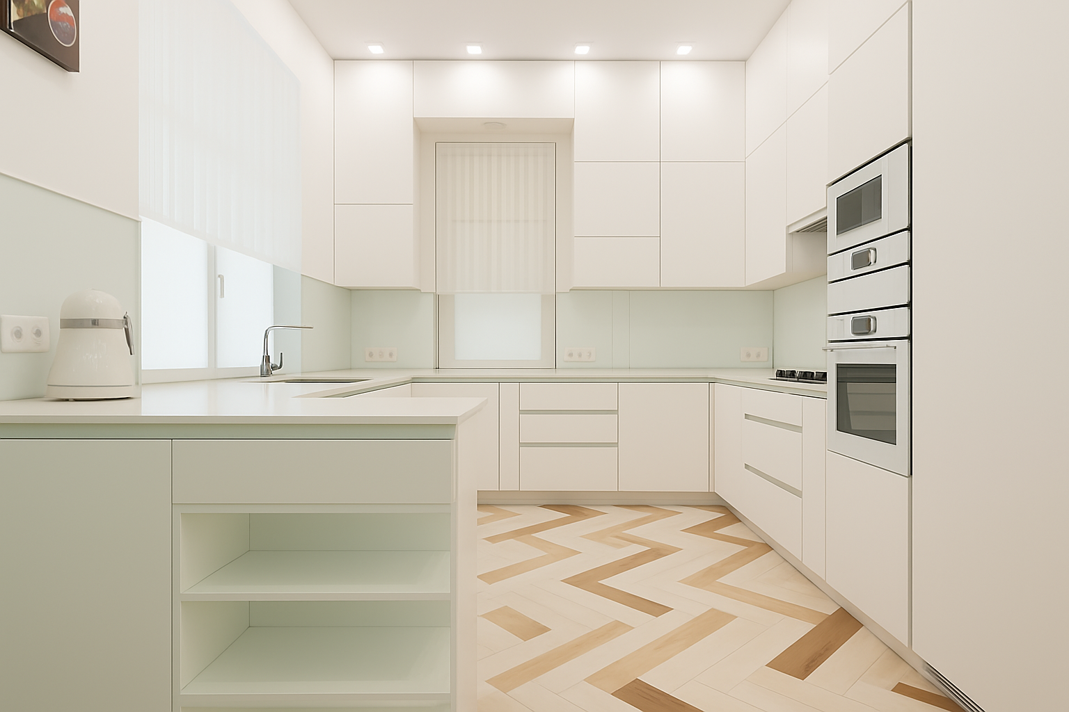 Modern white kitchen with cream laminate flooring and subtle chestnut brown accents.