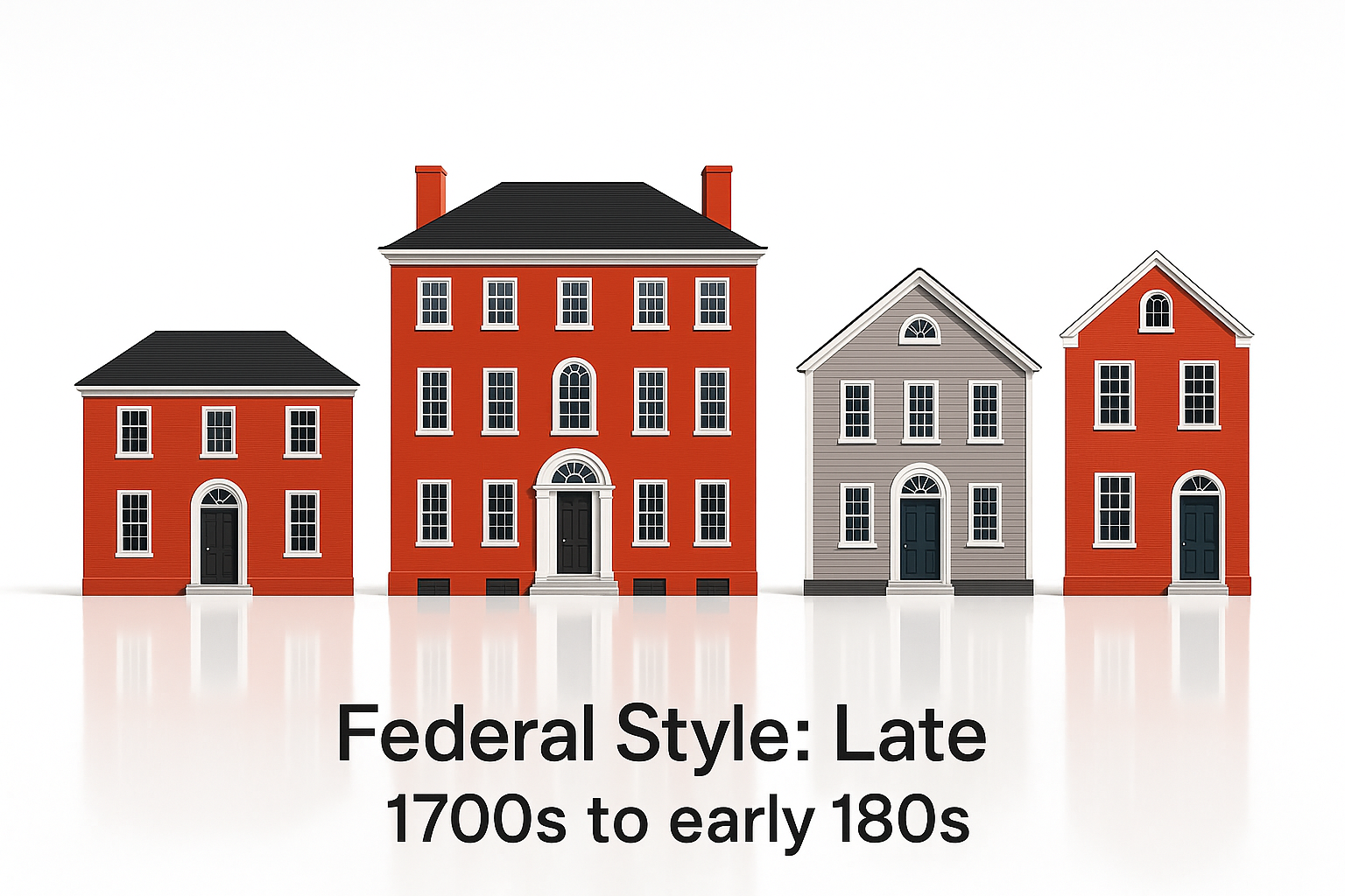 Federal-style houses from the late 1700s to early 1800s featuring fanlights above doors, slender window frames, and balanced proportions.
