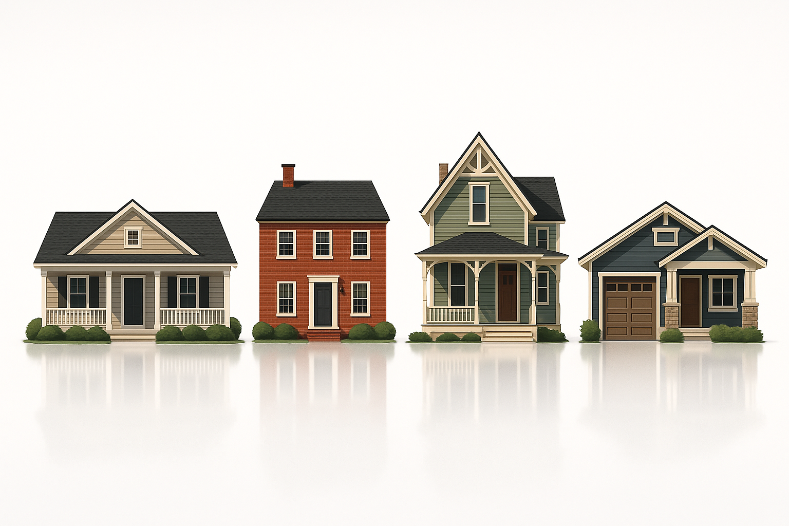 Four types of historic American house style models placed side by side.