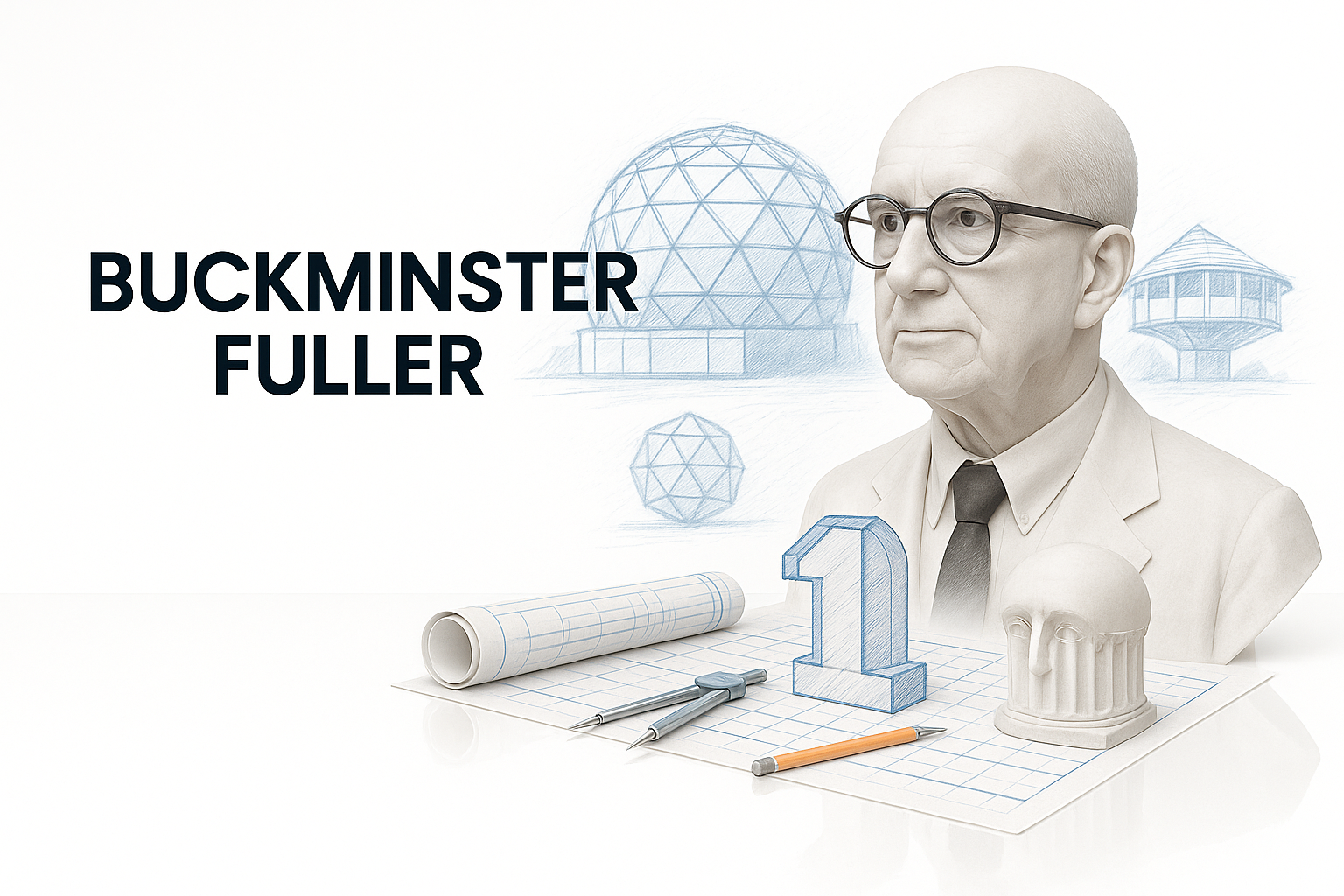 Bust of Buckminster Fuller with geodesic dome sketches and drafting tools.