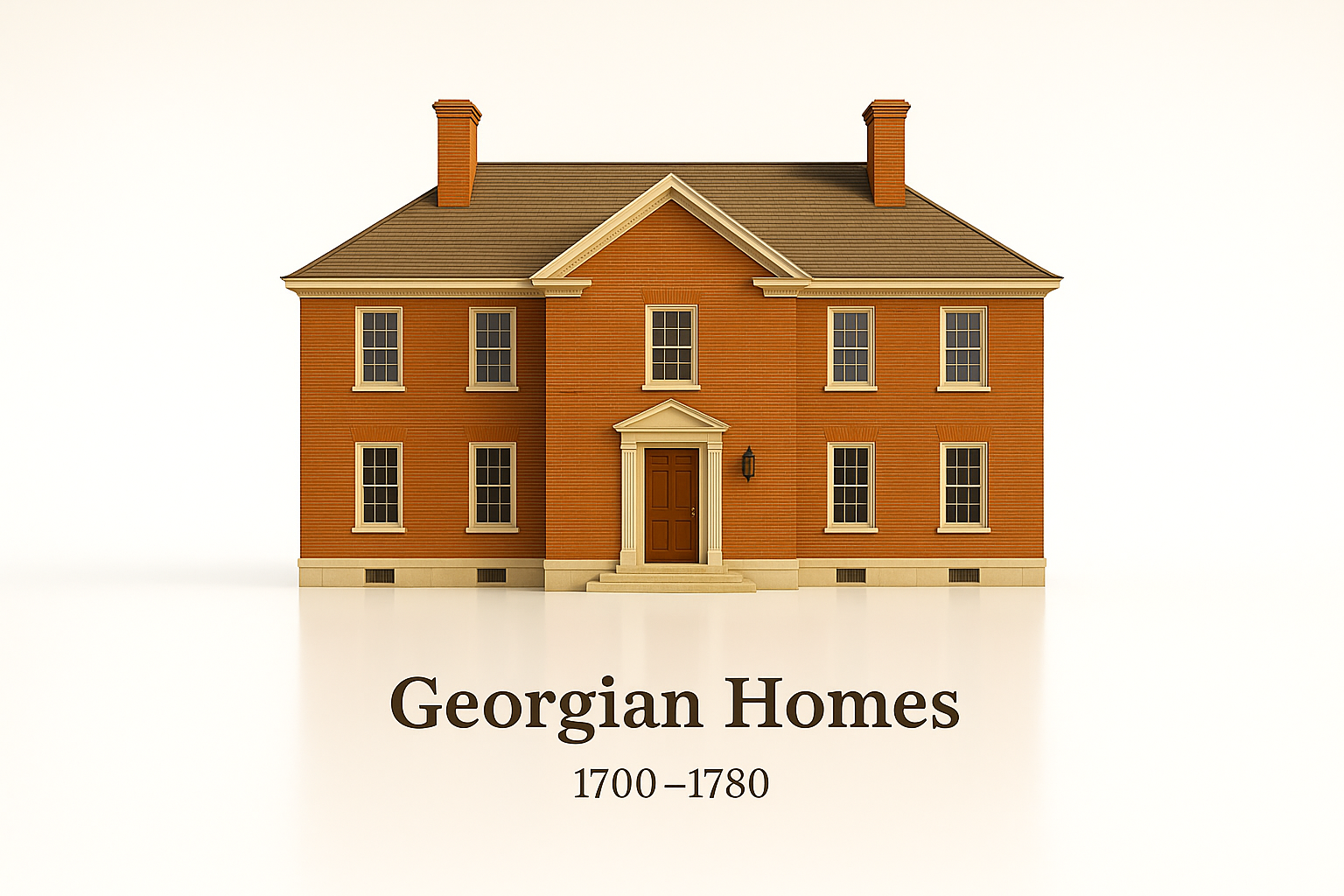 Georgian home with symmetrical brick facade and gabled roof.