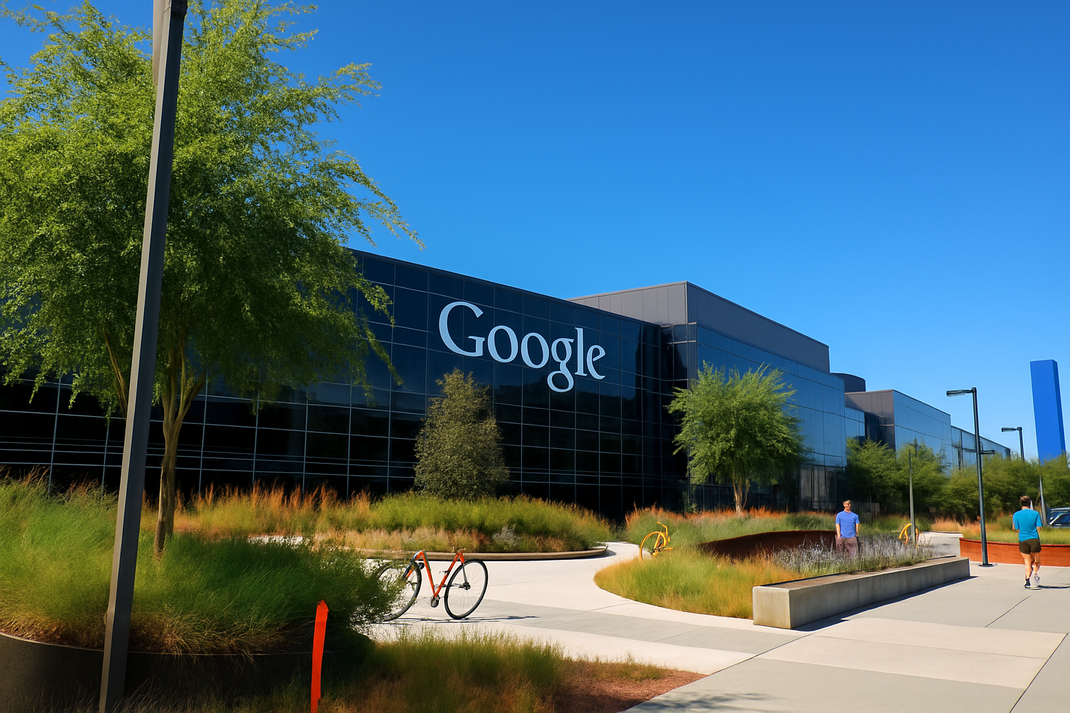 Google headquarters with glass facade under clear blue sky and landscaped surroundings.