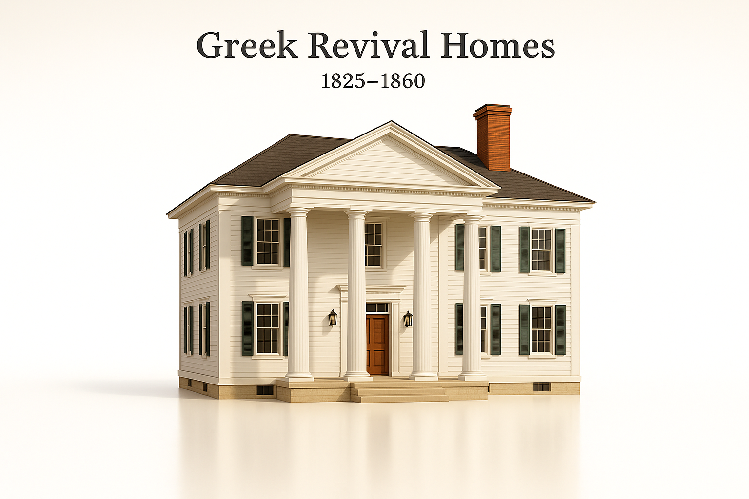 Greek Revival house from 1825–1860 with tall columns, front gable, and symmetrical facade.