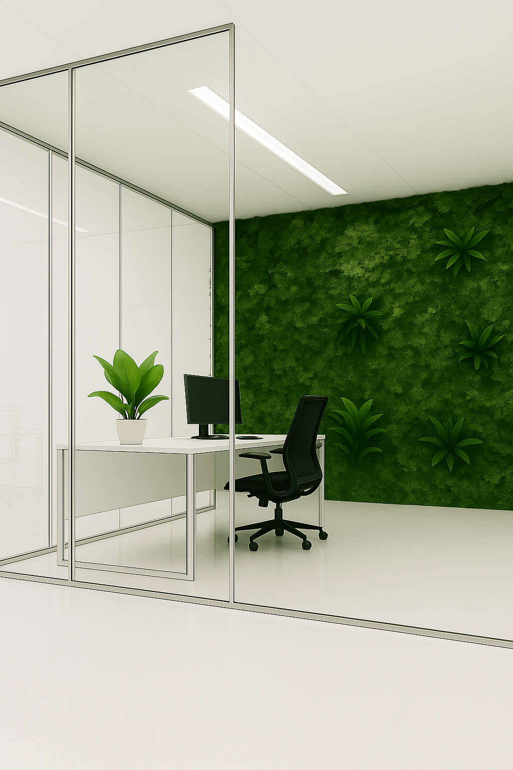 Contemporary office with green wall and minimalist design.