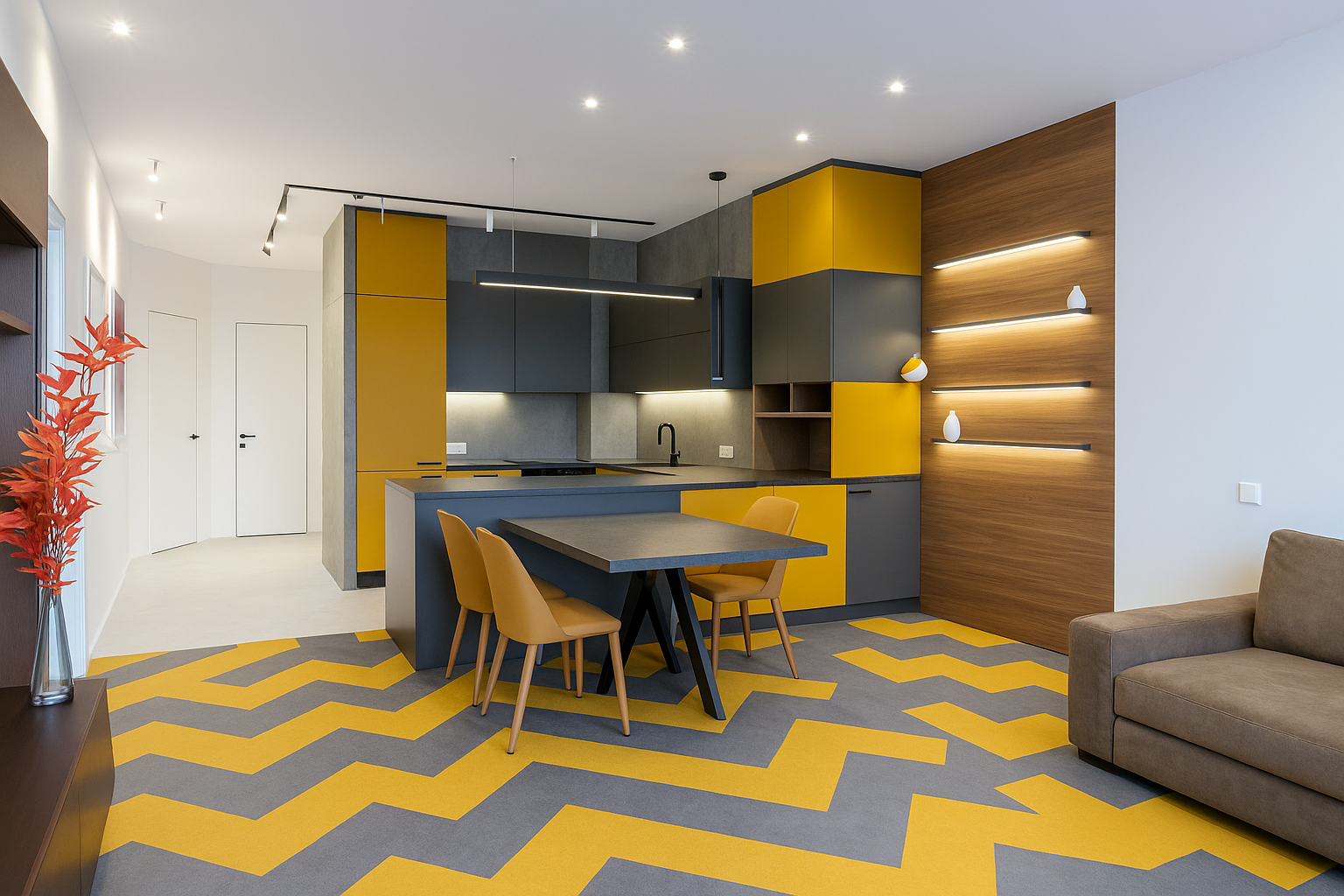 Modern kitchen with laminate flooring in grey and mustard yellow combination.