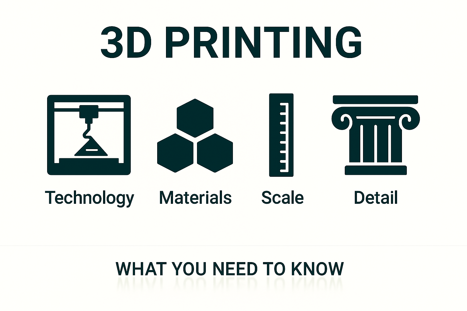Infographic on 3D printing for architectural models showing technology, materials, scale, and detail.