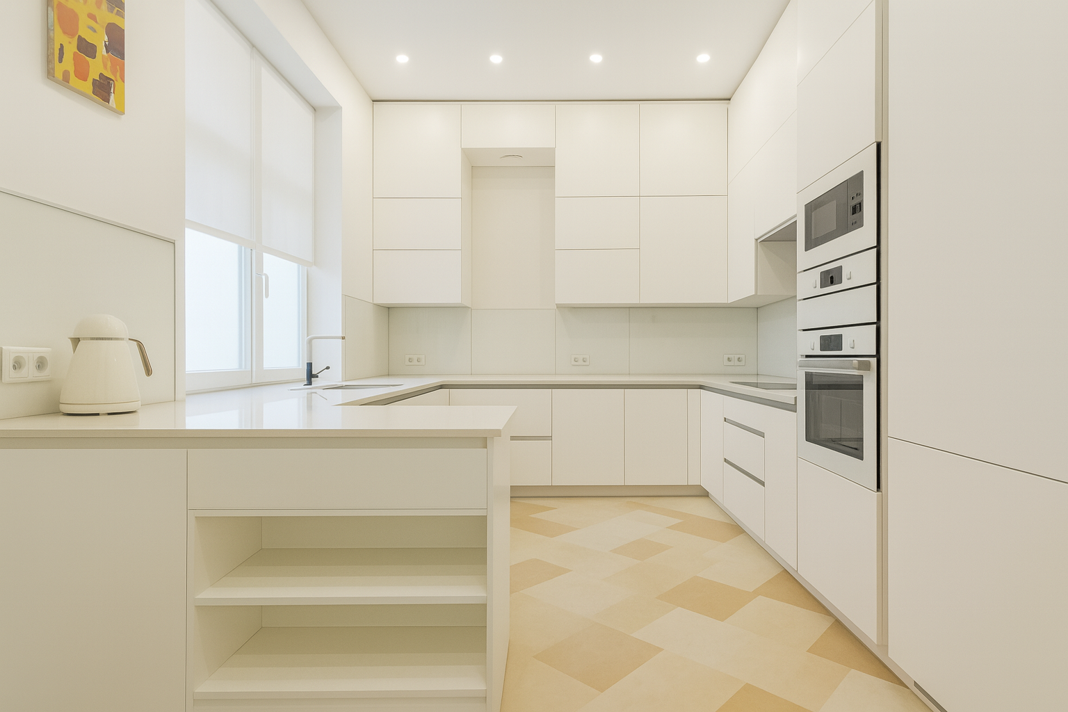 Kitchen floor with cream laminate and chestnut used sparingly for balance.