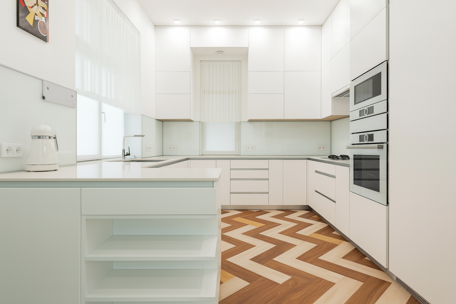 Kitchen floor with cream and overused chestnut laminate.