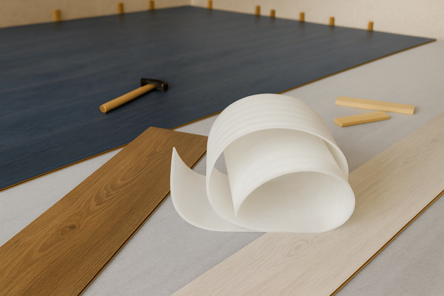 Installing dark navy laminate flooring in a kitchen.