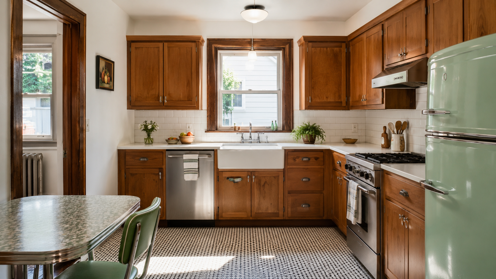 Modern retro kitchen remodel with wood cabinets, apron sink, mosaic floor, and mint green fridge.