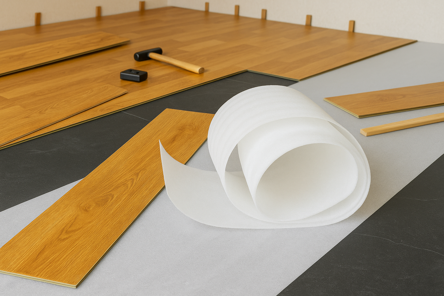 Laminate flooring installation showing light oak and grey wash planks with underlayment and tools.