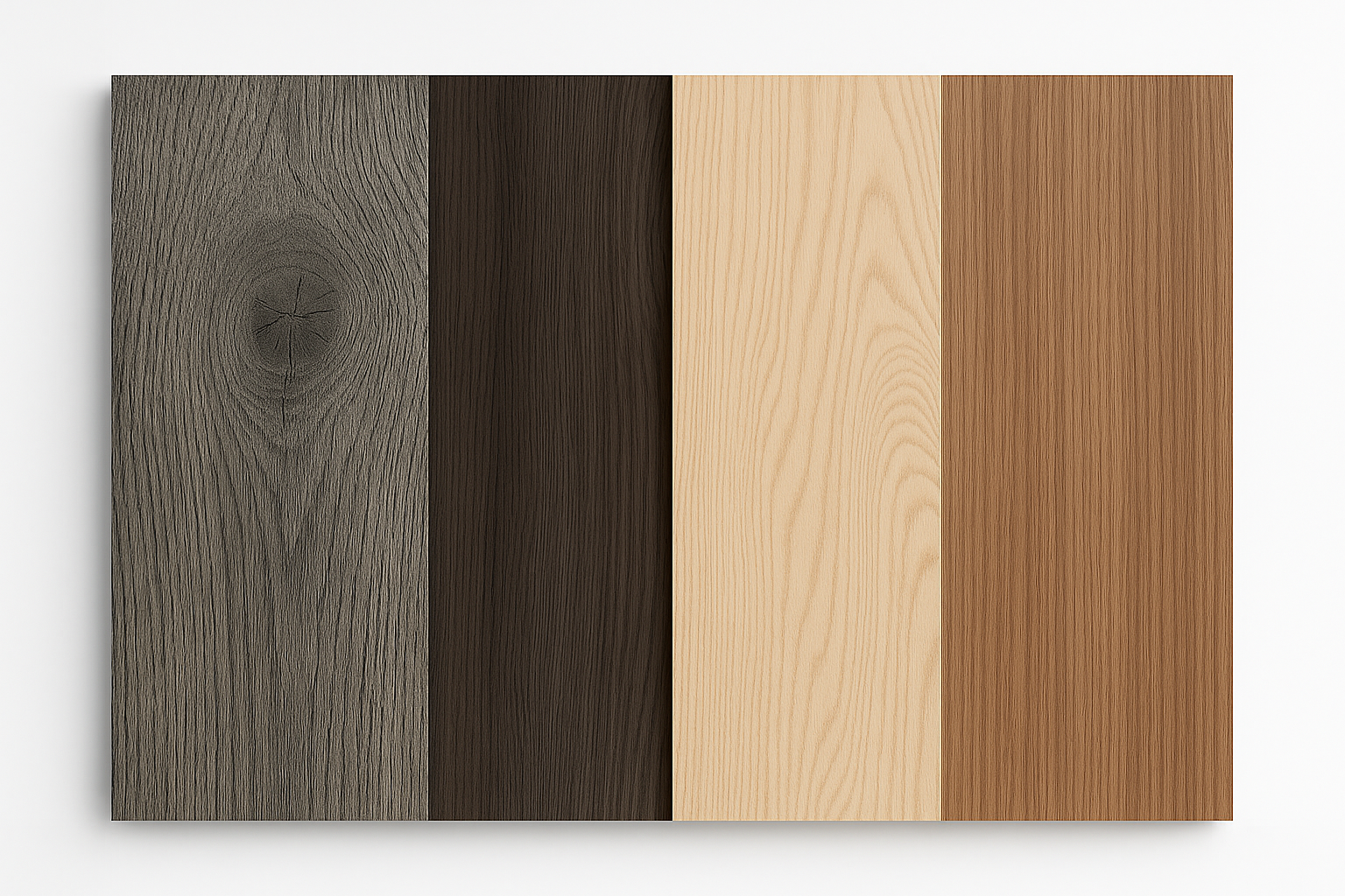 Four laminate material samples in grey, dark brown, light ash, and warm brown.