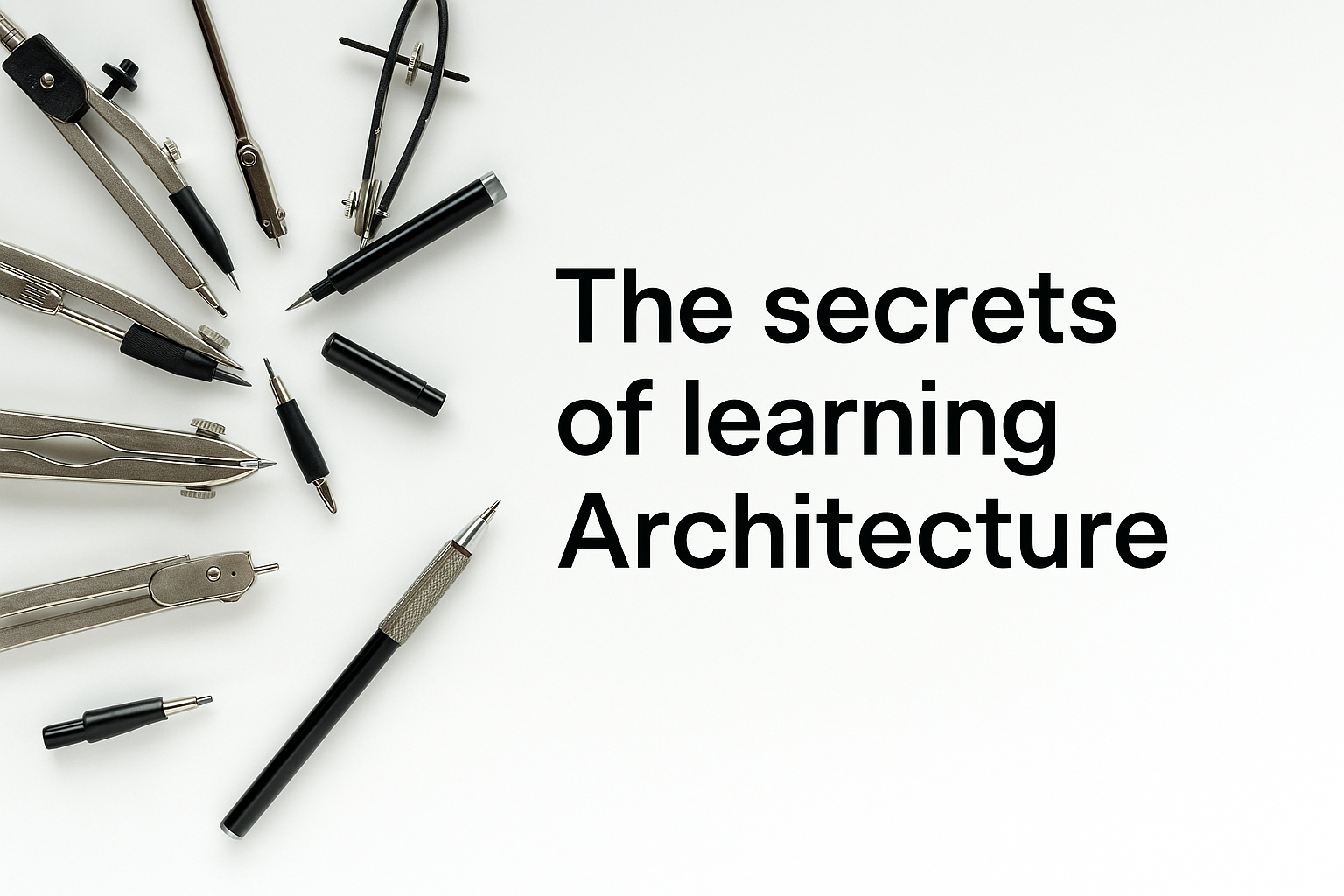 Drafting tools on glossy white surface with clean layout and architecture theme.