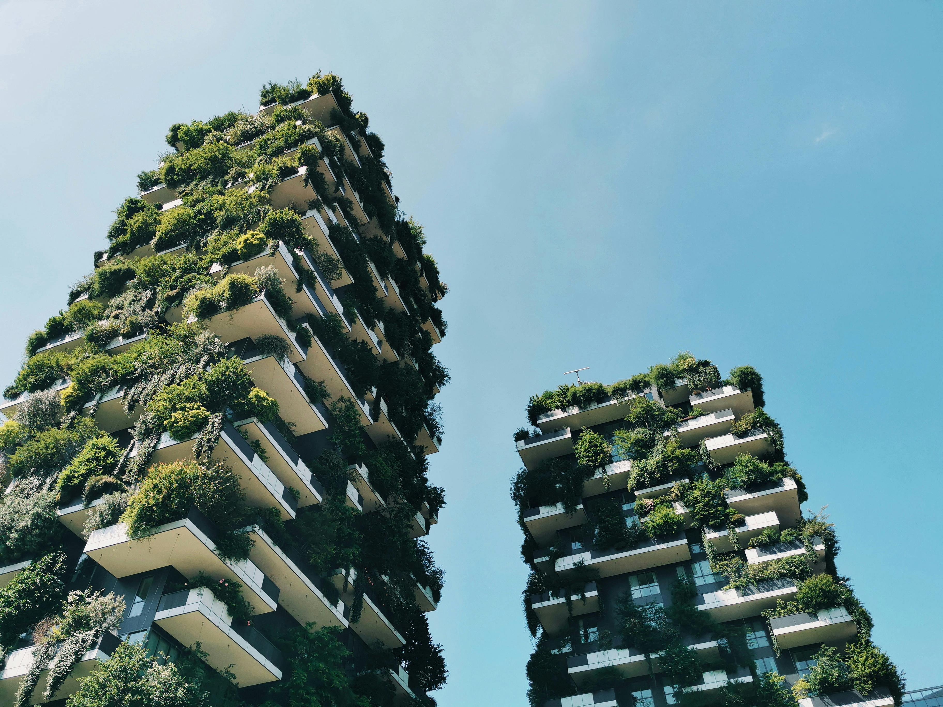 Vertical forest residential skyscrapers in Milan, Italy, showcasing biophilic design.