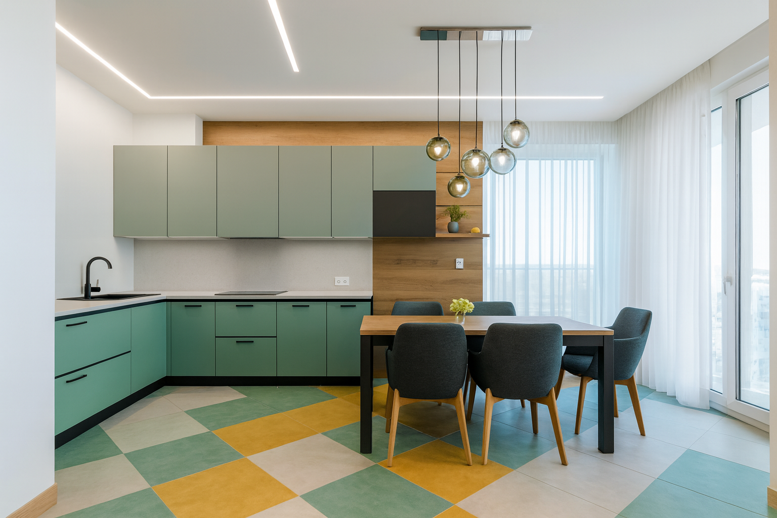 Modern kitchen with mint green and soft grey laminate cabinets and wooden accents.