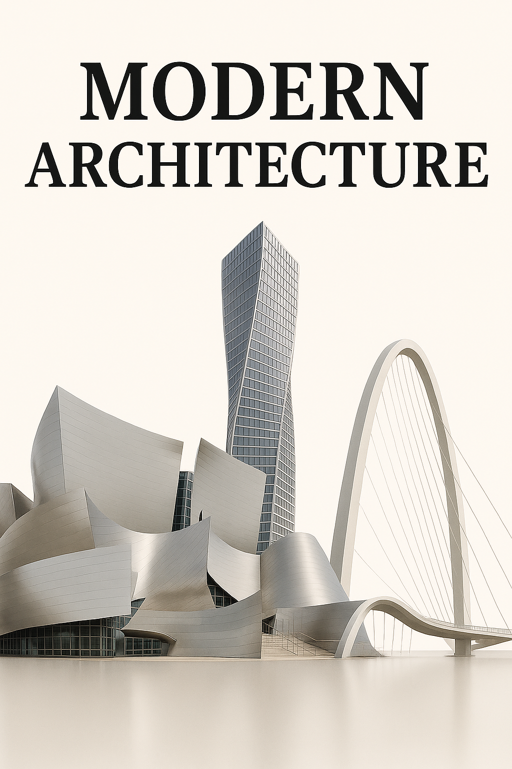 Contemporary architecture with metallic building, twisting skyscraper, and modern bridge.