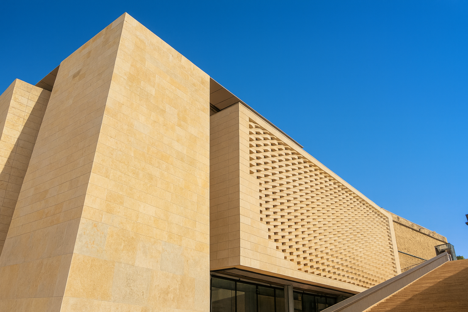 Modern clay building featuring a geometric façade.