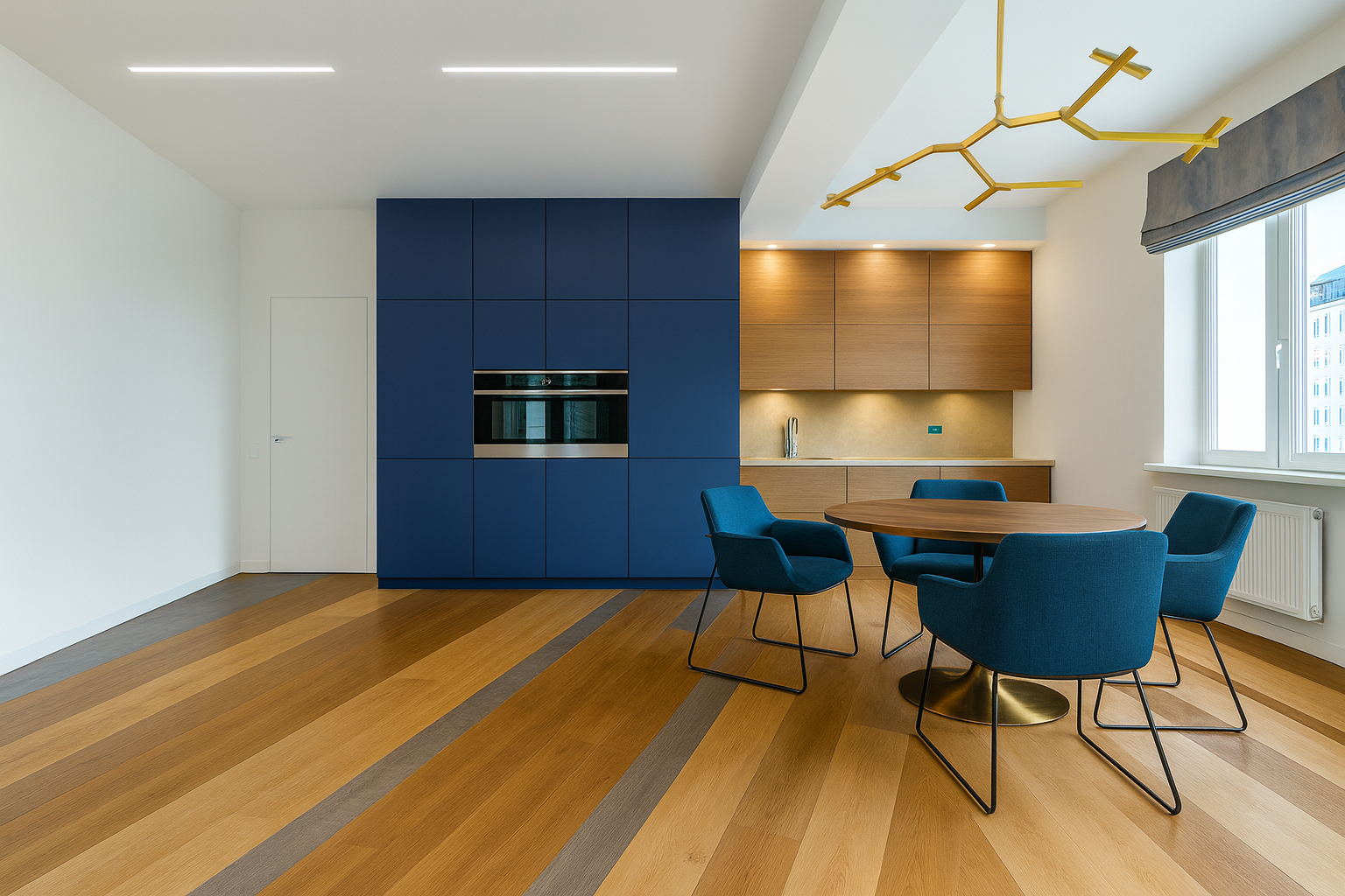 Modern kitchen and dining area with natural wood and bronze flooring.
