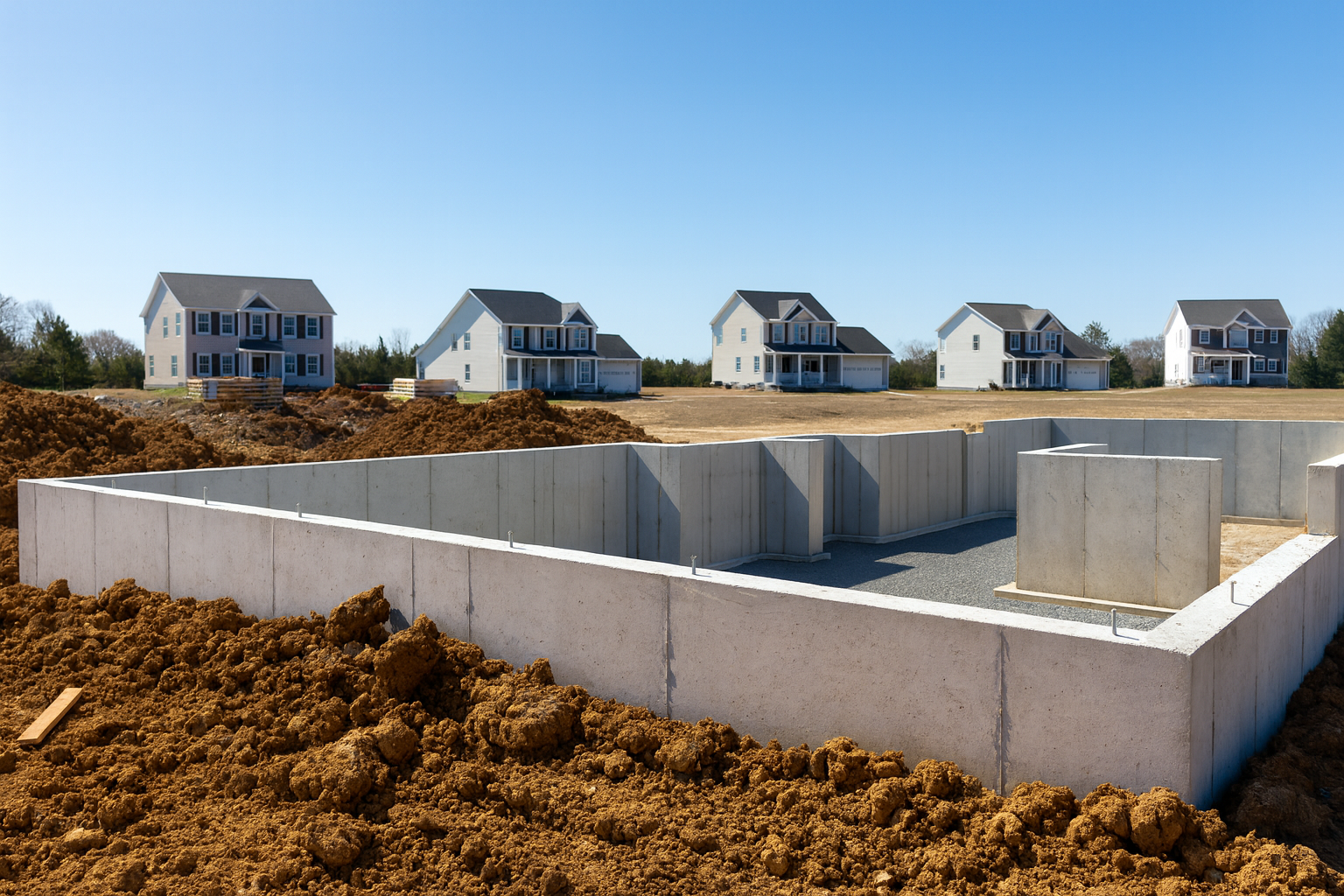 Residential construction site with fresh concrete foundation layout and surrounding soil.