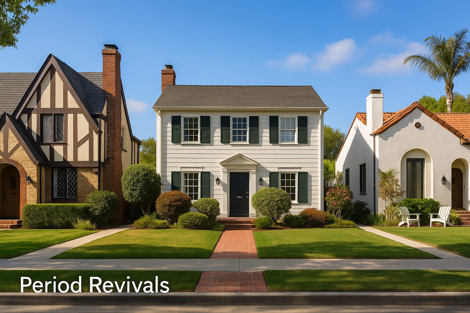 Tudor and Colonial Revival houses with steep roofs and symmetrical facades.
