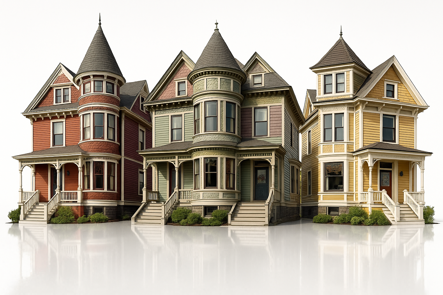 Queen Anne houses from the late 1800s featuring turrets, varied siding textures, busy rooflines, wraparound porches, and stained glass windows.