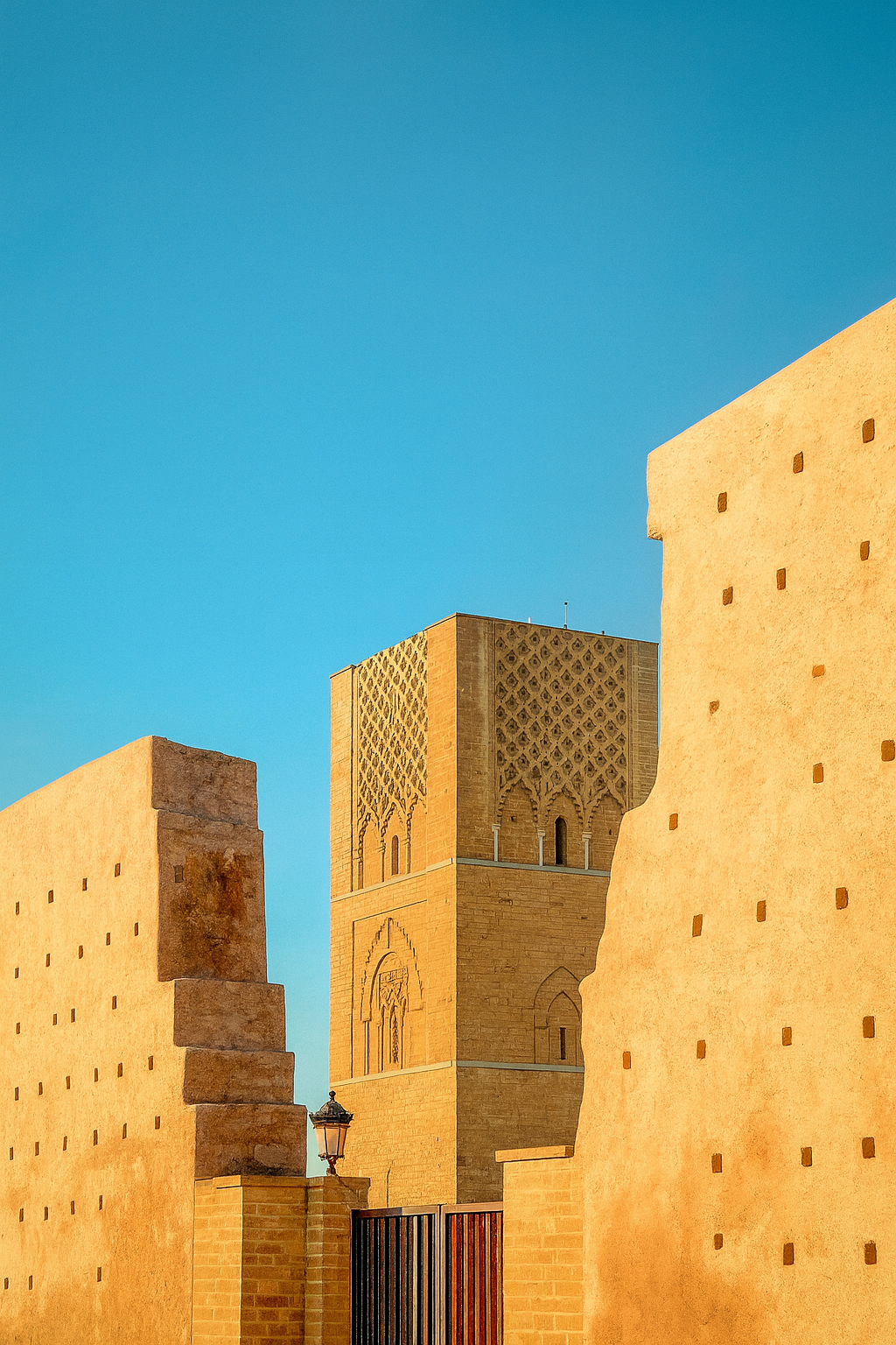 Historic clay walls and tower of Rabat’s Medina with geometric patterns.
