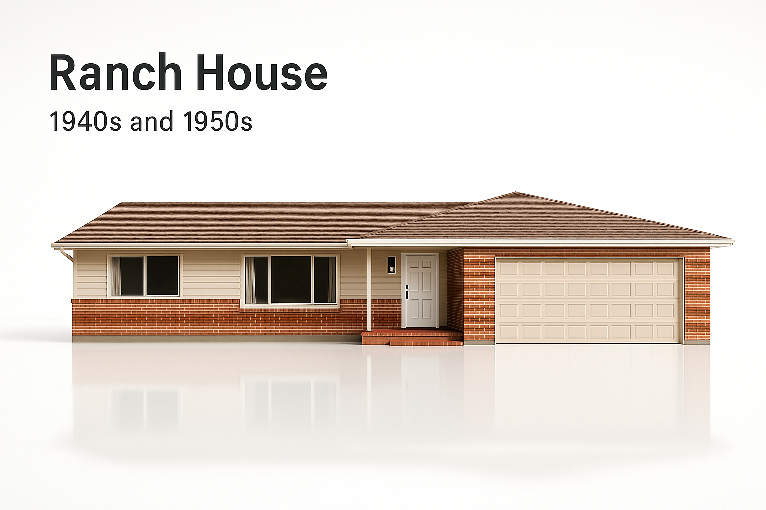 Mid-century Ranch house with low-pitched roof, horizontal layout, and large front windows.