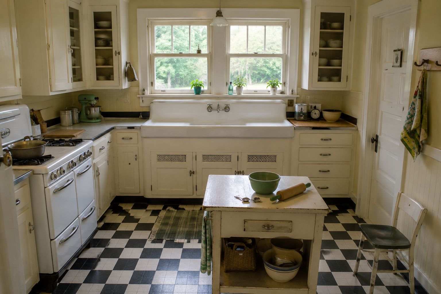 1930s kitchen sink wall with white enamel drainboard sink, painted cabinets, work table, and checkerboard floor.