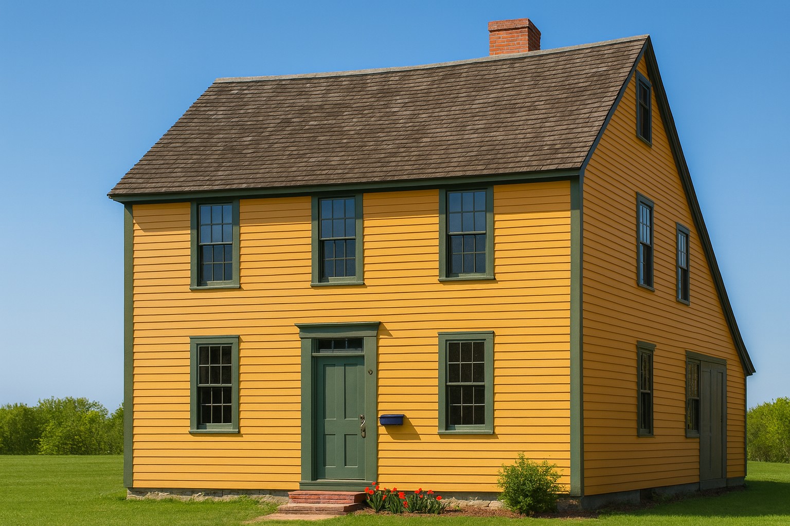 Restored yellow saltbox house with green trim.