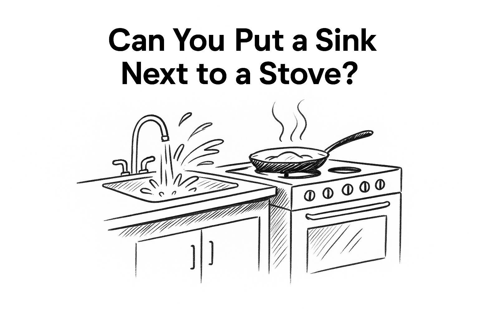 A sketch of a kitchen corner showing a sink squeezed next to a stove.