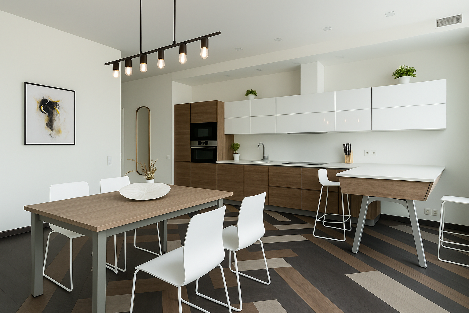 Modern kitchen with slate grey and walnut brown laminate flooring.