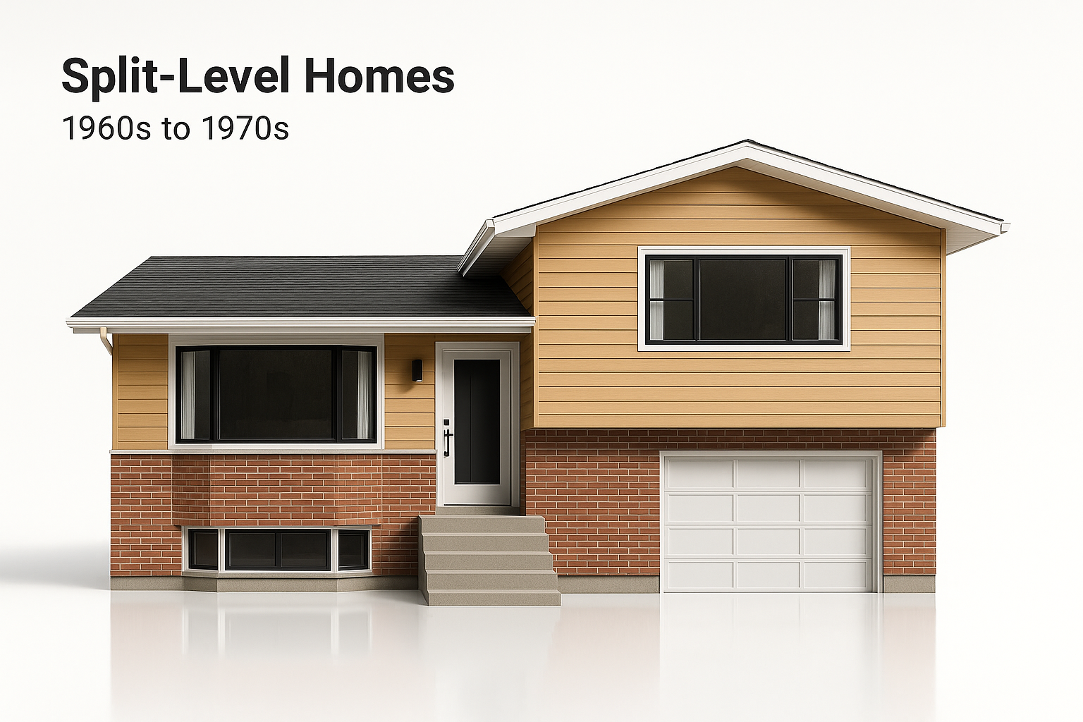 Split-level house with staggered floors, short staircases, and horizontal roofline.