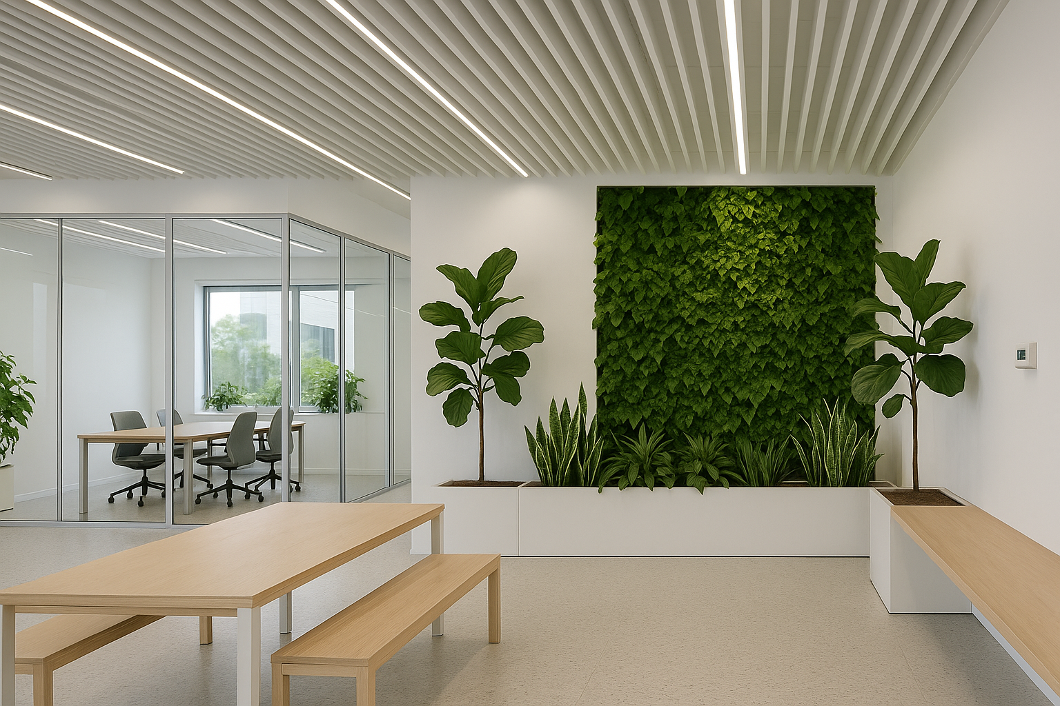 Modern sustainable office with indoor plants and green wall.