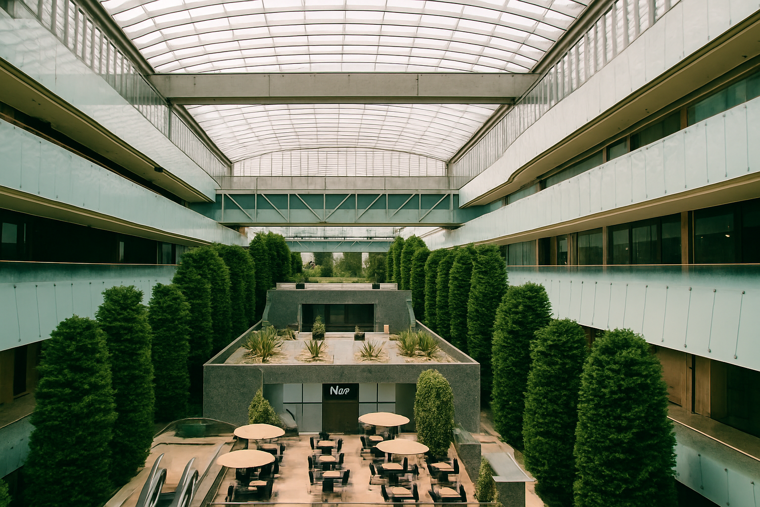 Modern shopping mall interior in Tehran with glass ceiling and greenery.