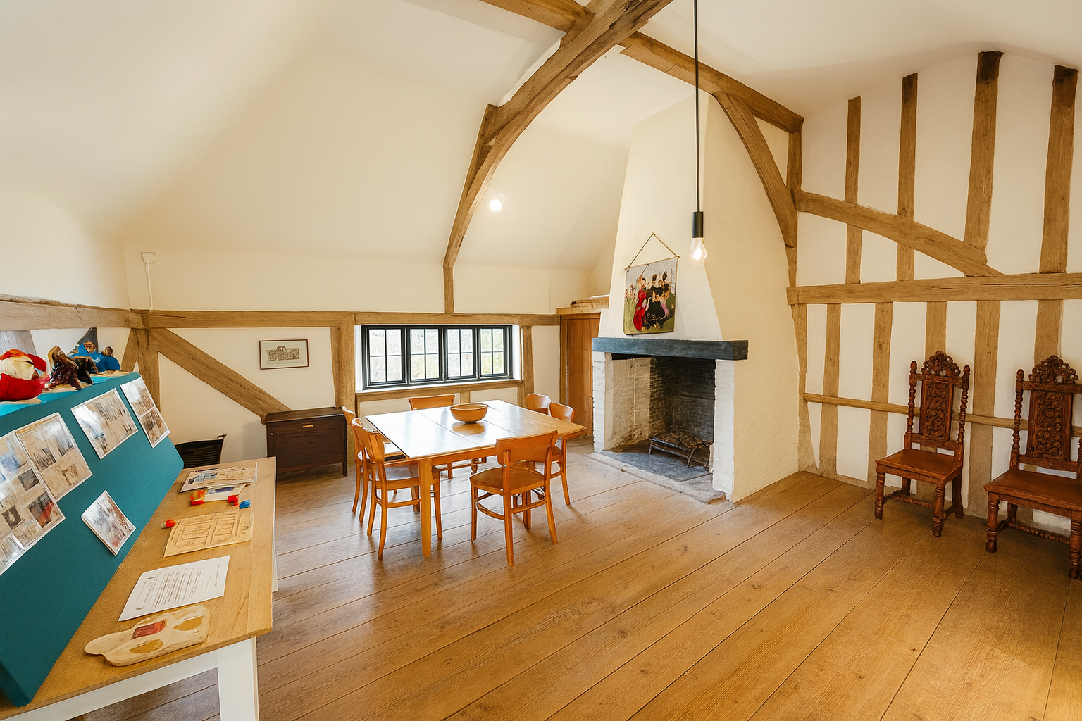 Sunlit Tudor house interior with wooden beams, dining table, and historic fireplace.