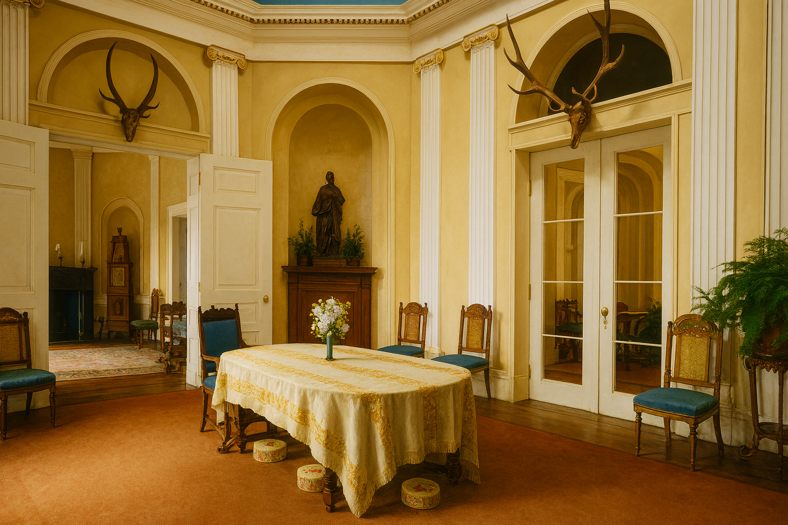 Restored Victorian dining room with arched niches, ornate tablecloth, antique chairs, and classical decor.