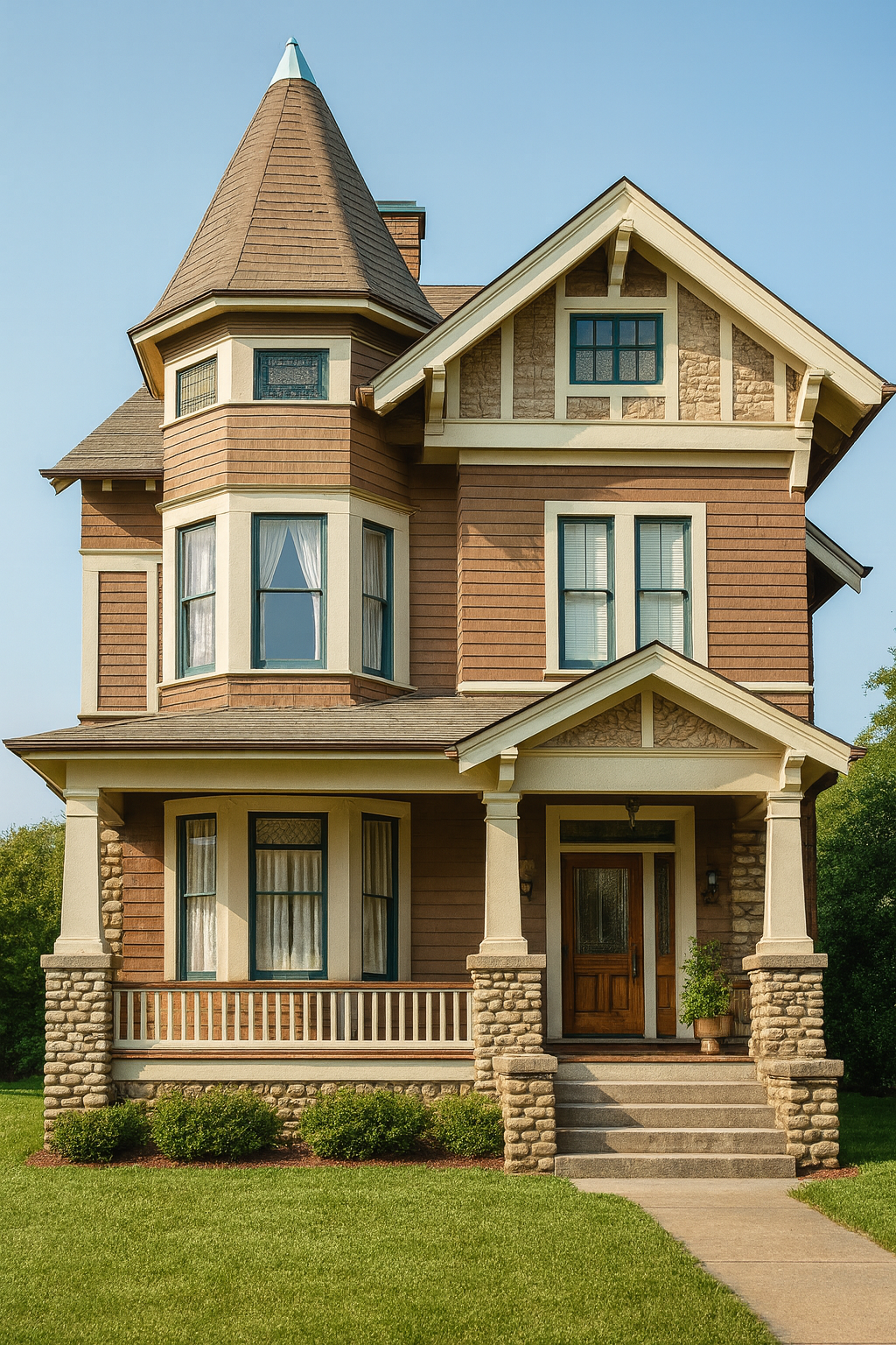 Close-up of Victorian house exterior with porch and detailed facade.